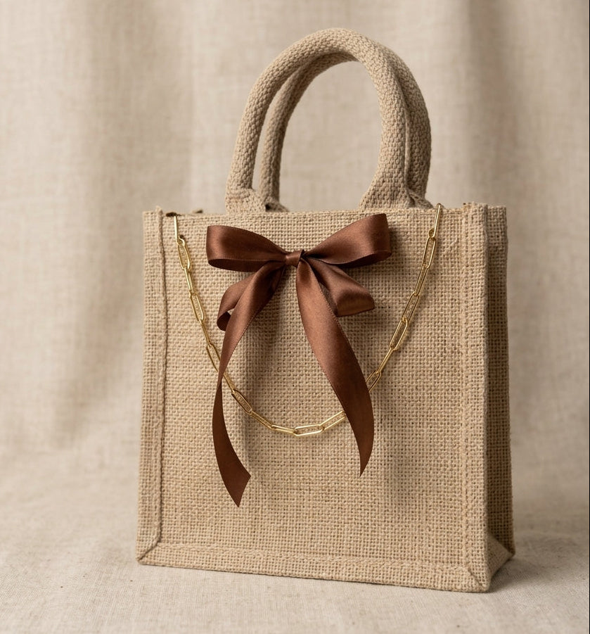 Mini-Jutetasche "Goldig" mit Satin-Schleife